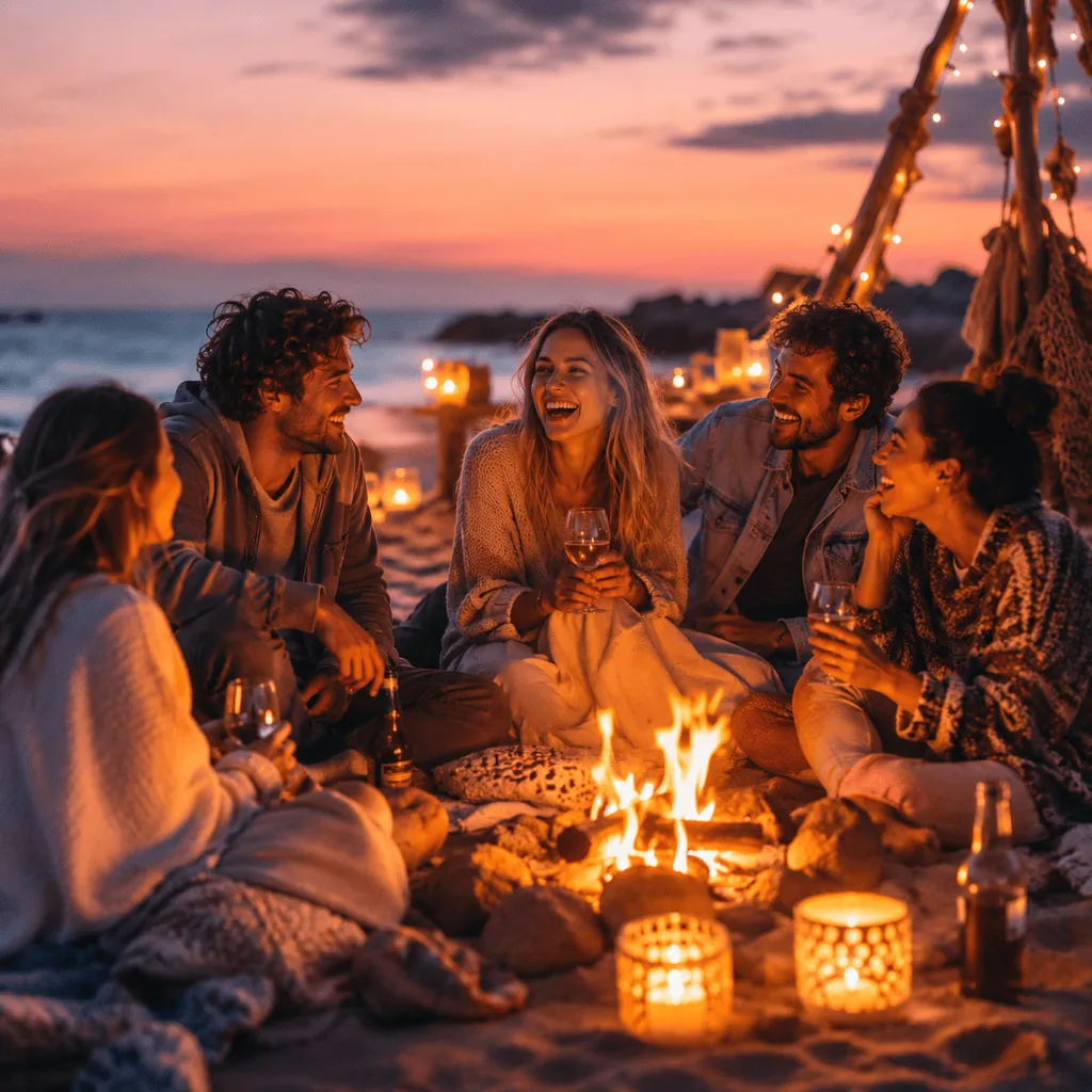 A group of adult friends sits together on the beach in warm evening light.