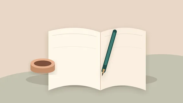 An open blank journal with a pen and cup lies on a warmly lit table.