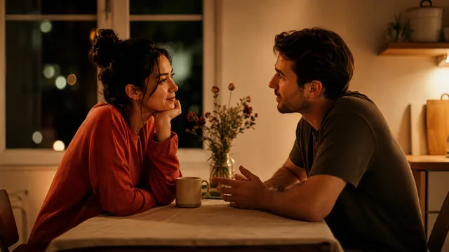 Two people sit at a small table in the evening and talk in warm light.