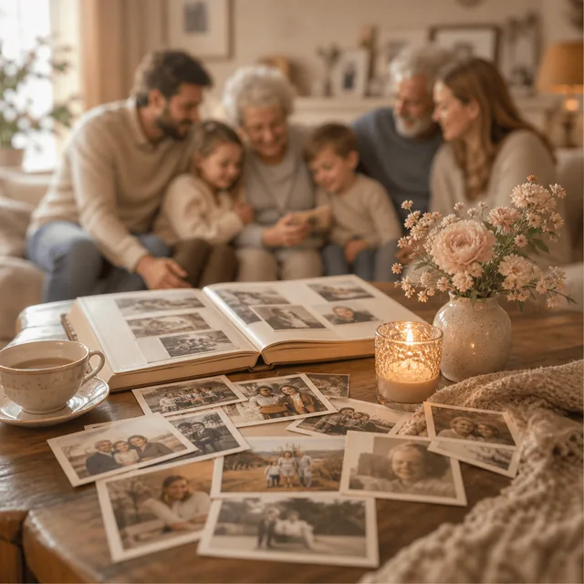 Eine Familie sitzt gemeinsam im Wohnzimmer und schaut sich alte Fotoalben und Erinnerungsbilder an.